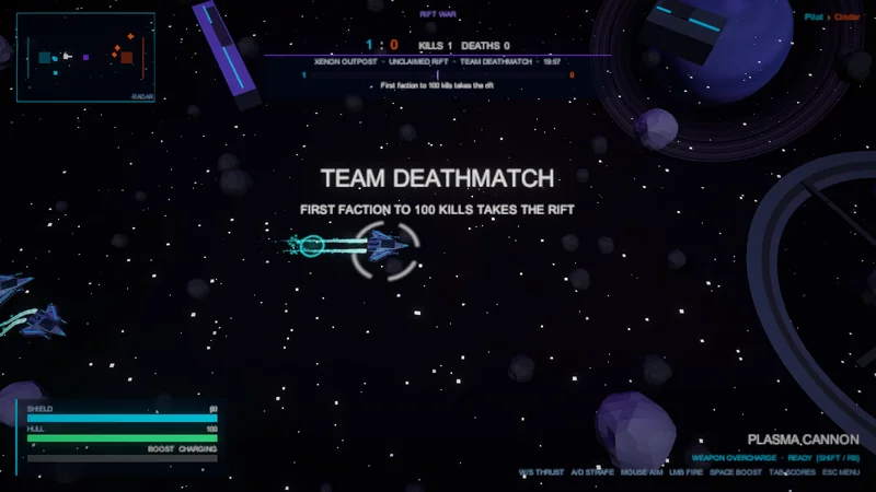A fighter boosting past asteroids with bright engine trails