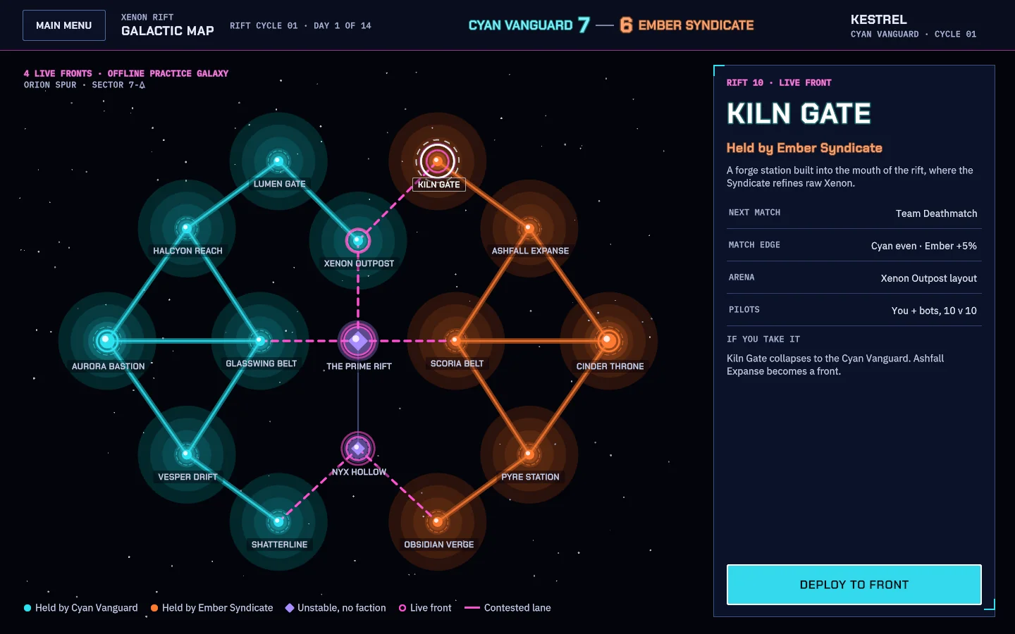 Galactic map connecting Cyan and Ember territory across the Orion Spur