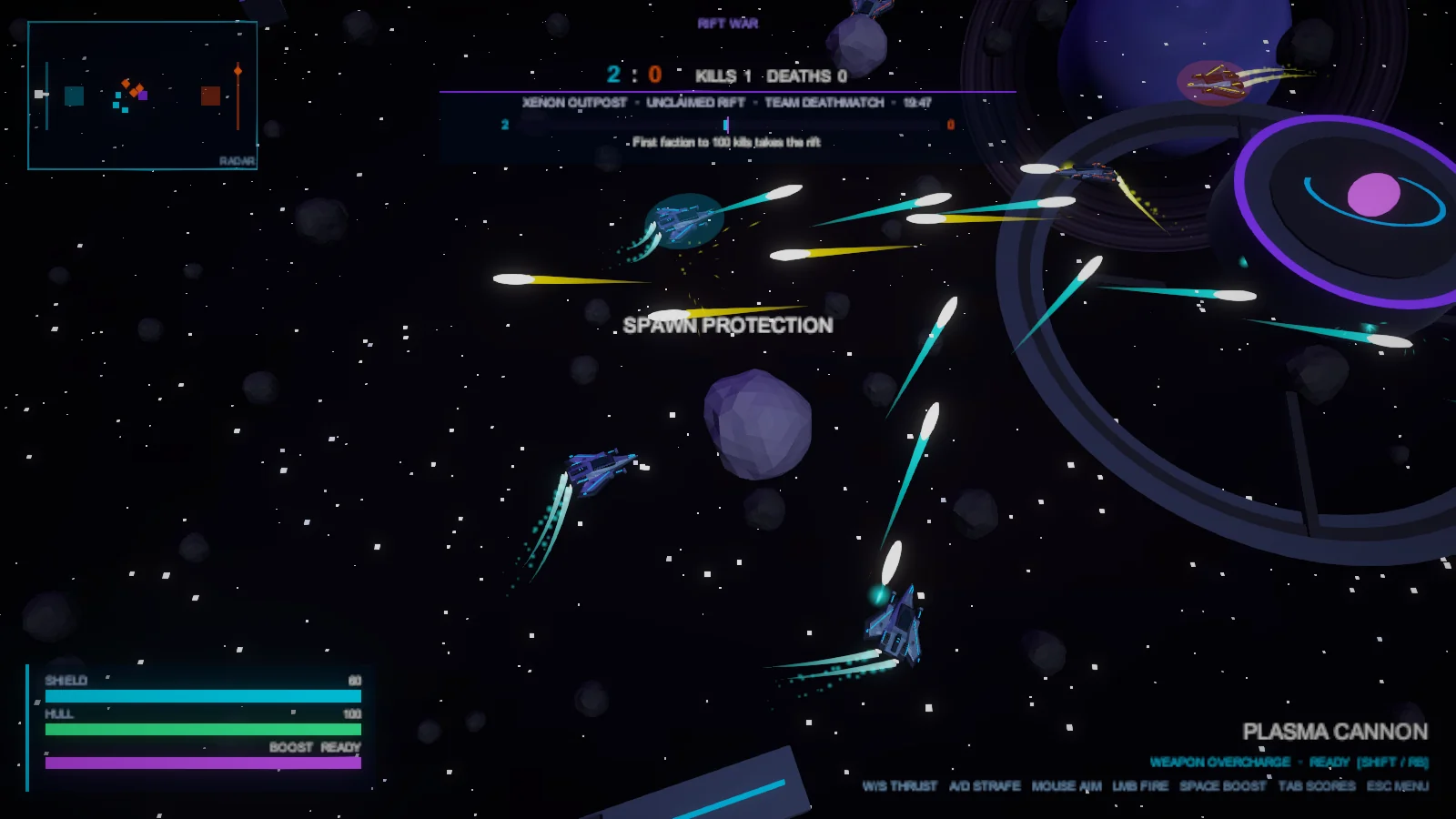 Cyan and Ember ships exchanging plasma fire around asteroids and an orbital station