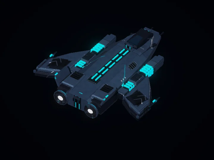 Dark tactical Striker with outboard cannon pods, swept wings, and cyan dorsal conduits